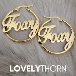 LOVELYTHORN // ltd ed custom 18K gold-plated tarnish free hoops in "Foxy" script